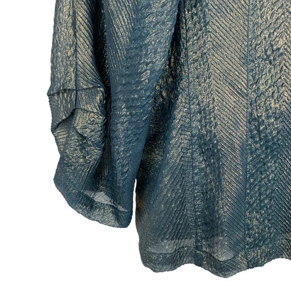 Chicos Teal Gold Shirt Blouse Top Shimmery Pockets 3/4 Sleeves Women's 1 M 8 - Picture 5 of 6